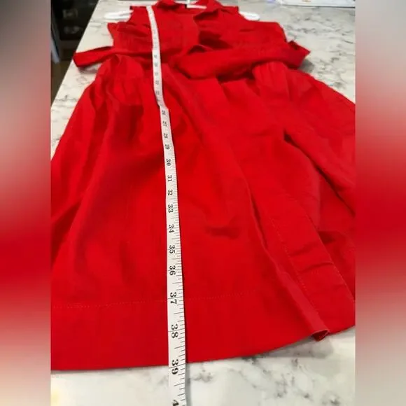 J. Crew Red Cotton Button Down Collar Pockets Sleeveless Belted Tiered Dress- 6 - Picture 8 of 11